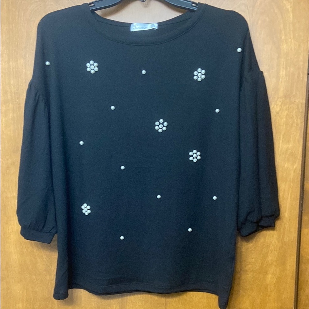 NWT 89th + Madison Black Pearl Embellished Women's Top